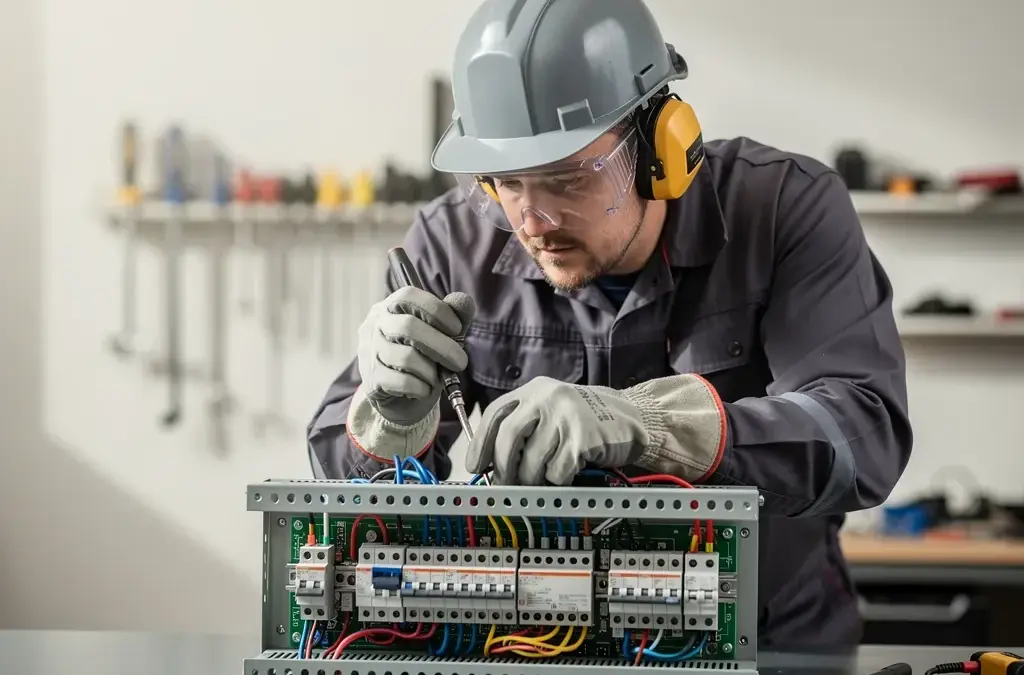 Mitarbeiter im Elektrohandwerk bei der Gefährdungsbeurteilung und Arbeitsschutzmaßnahmen