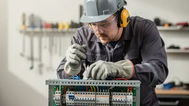 Mitarbeiter im Elektrohandwerk bei der Gefährdungsbeurteilung und Arbeitsschutzmaßnahmen