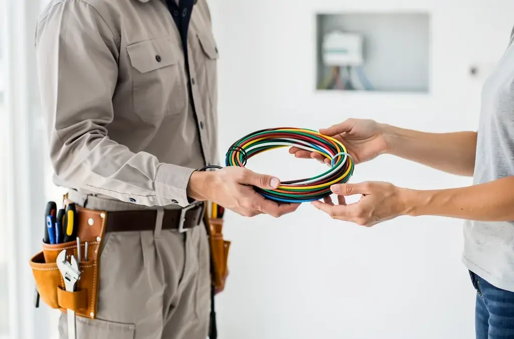 Bild eines Elektrikers, der Gefahrübergang bei Elektroinstallationen erklärt