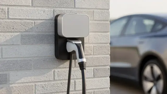 Bild einer gewerblichen Wallbox mit Informationsmaterial zur Förderung und technischen Anforderungen