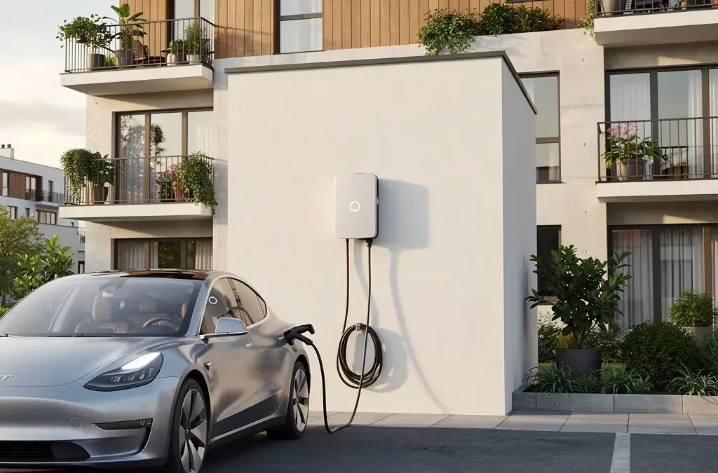 Smart Grid Wallbox im Mehrfamilienhaus integriert für nachhaltiges Laden von Elektrofahrzeugen